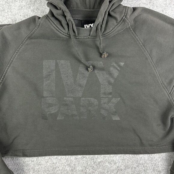 Ivy Park Cropped Hooded Sweatshirt Womens M Gray Oversized Streetwear Hoodie* - Picture 4 of 15